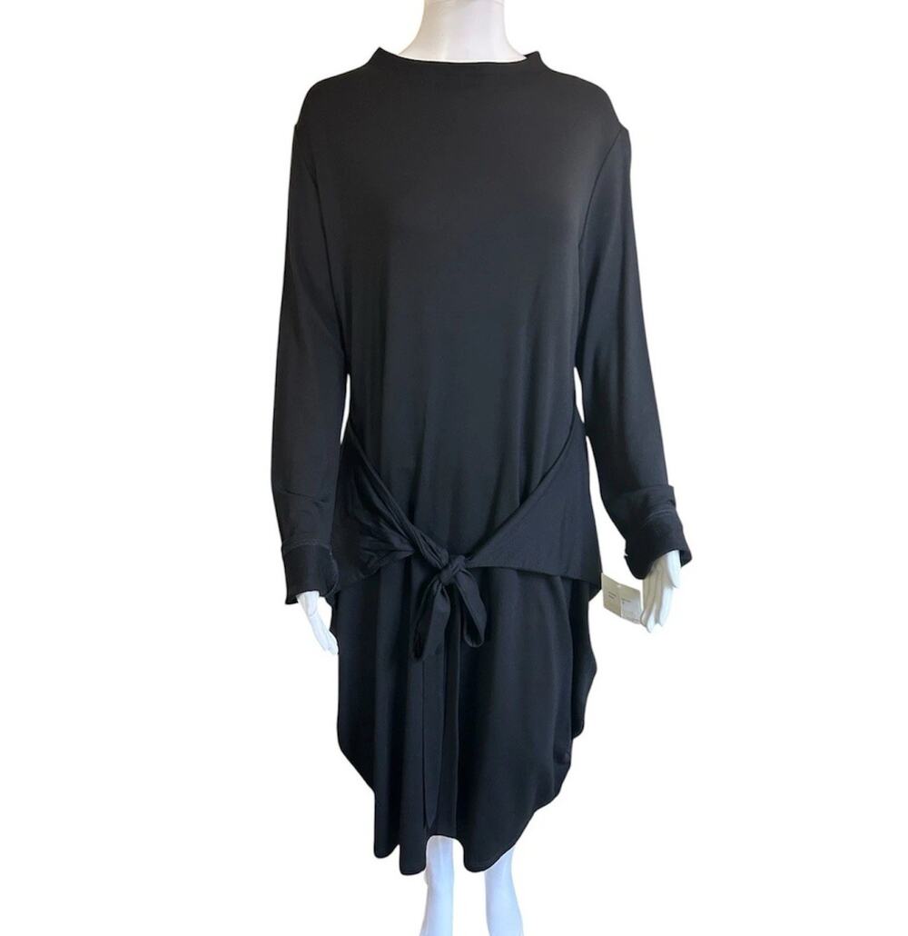 Rina Zin Black Tie Front Asymmetrical Midi Dress Size 5 NWT Israel Lagenlook